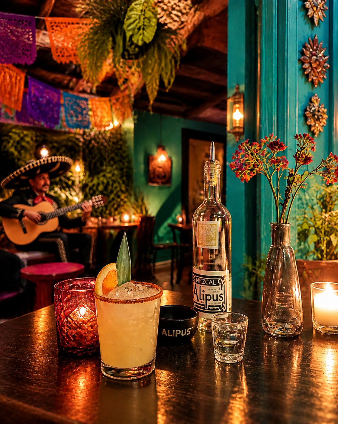 Cóctel con borde de chile y botella de mezcal sobre la mesa, con un mariachi tocando la guitarra al fondo