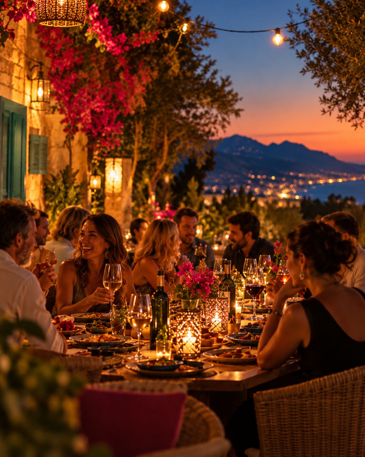 Cena al atardecer en una terraza mediterránea con velas, luces colgantes y vistas a la costa de la Marina Alta