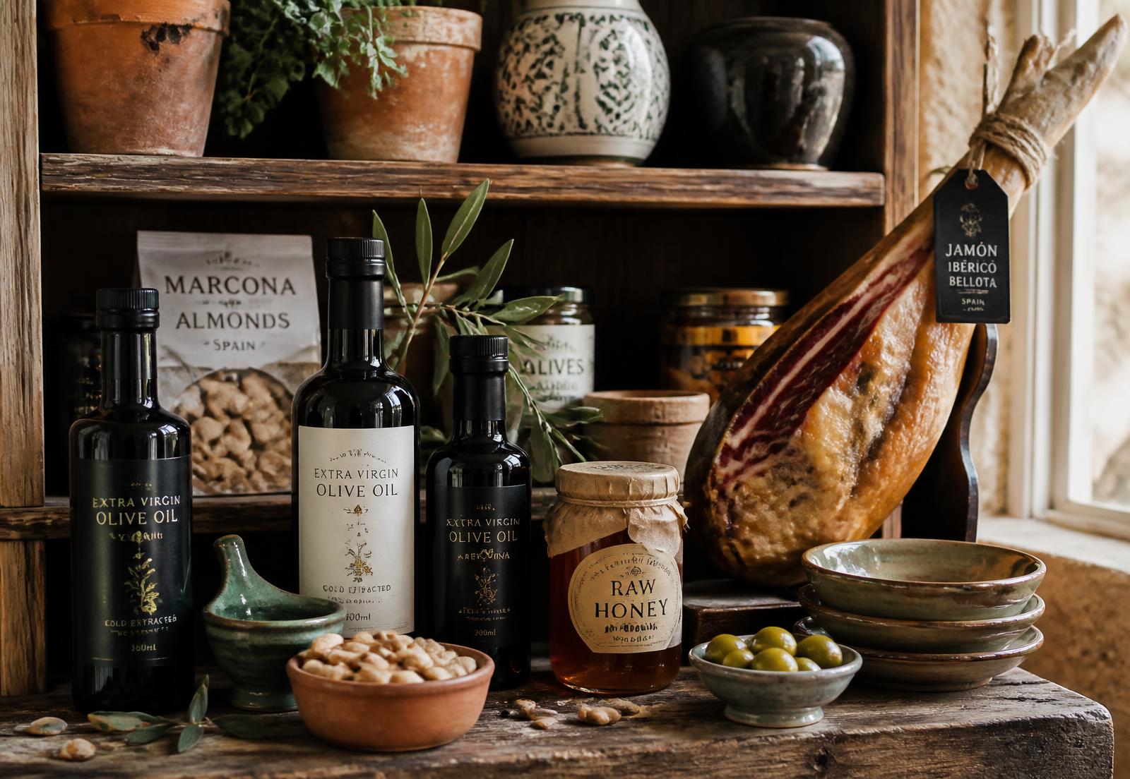 Bodegón de tienda gourmet con aceite de oliva, jamón, miel y cerámica