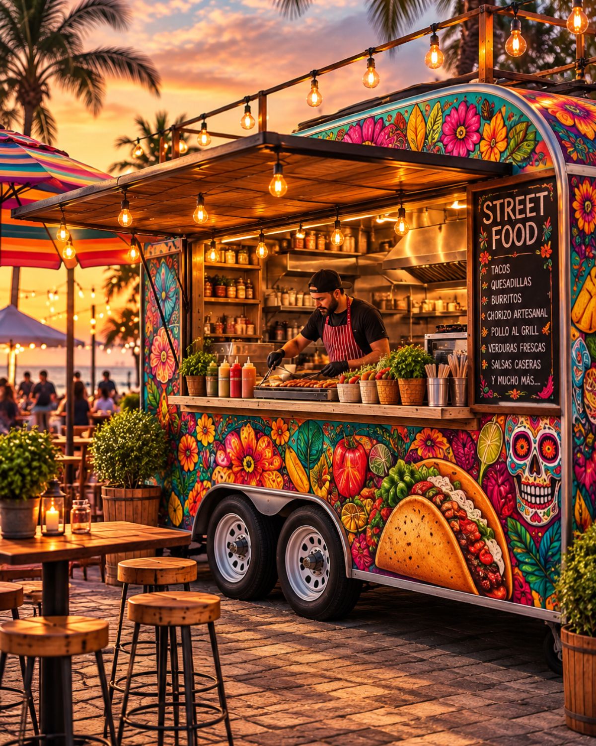 Food truck decorado con colores vivos y luces en un evento al aire libre