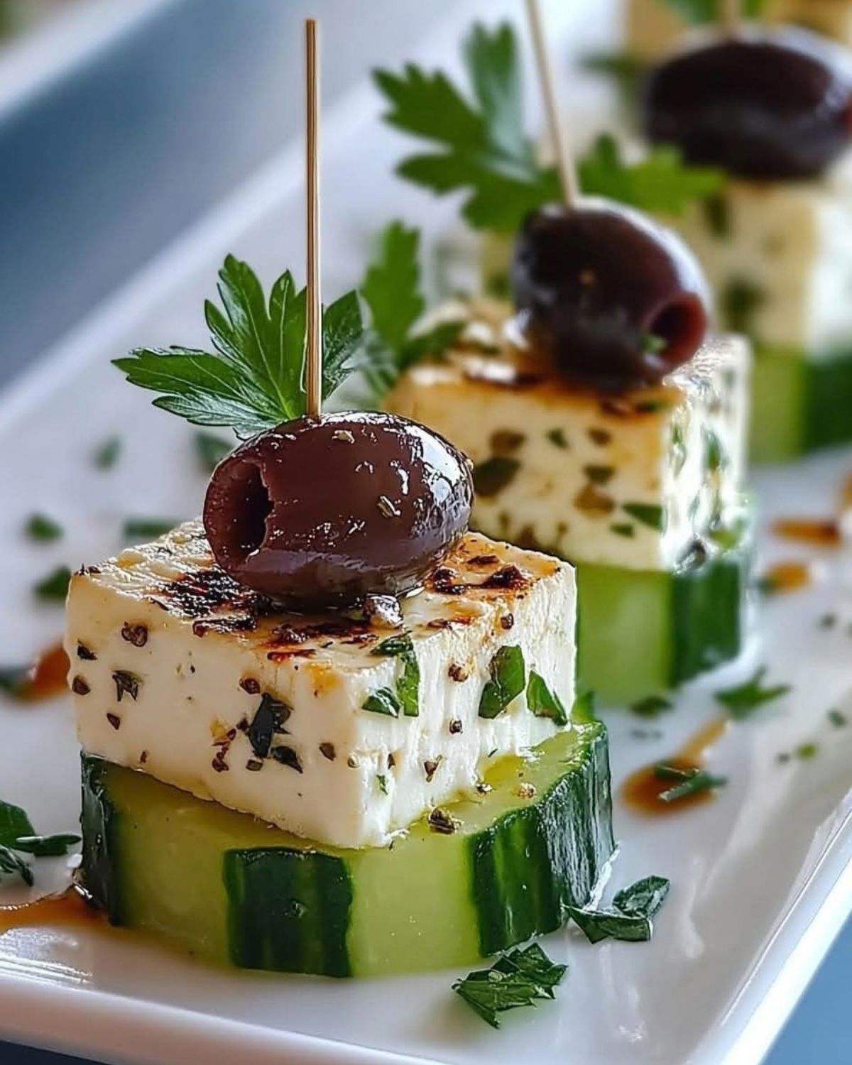Bocados de pepino y queso fresco para un cóctel