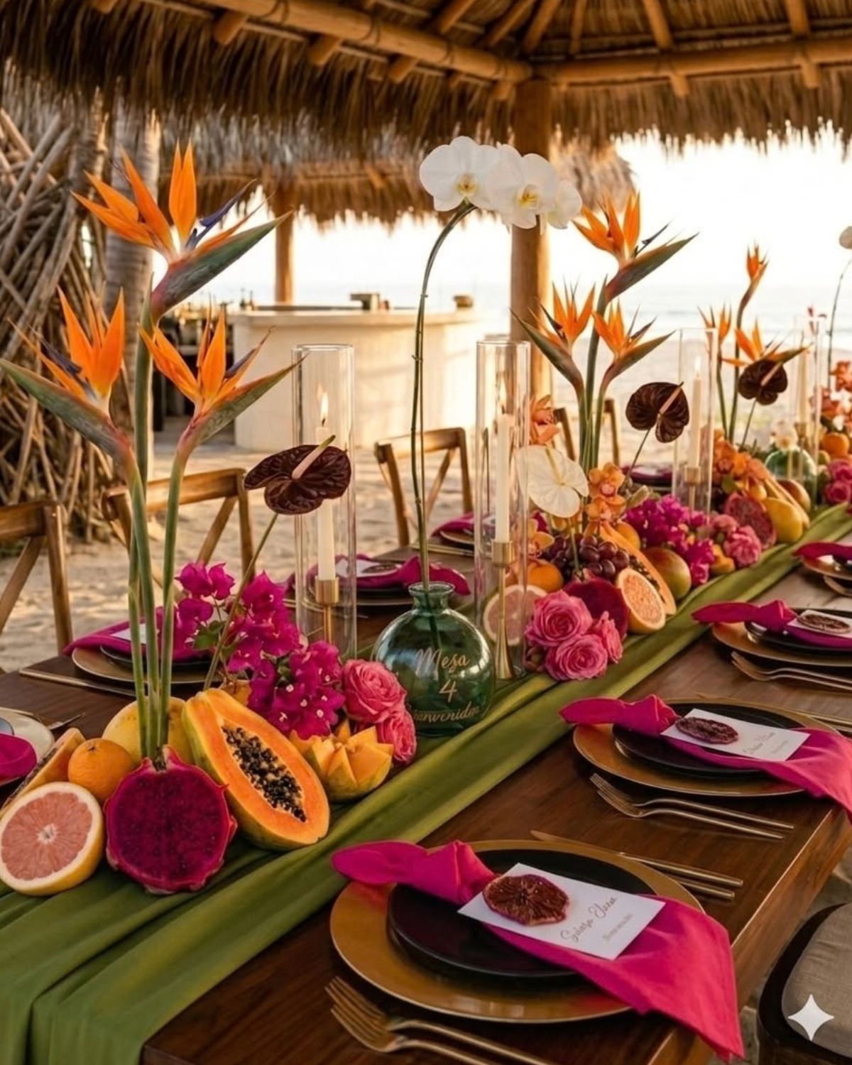 Mesa decorada con flores de strelitzia para un evento