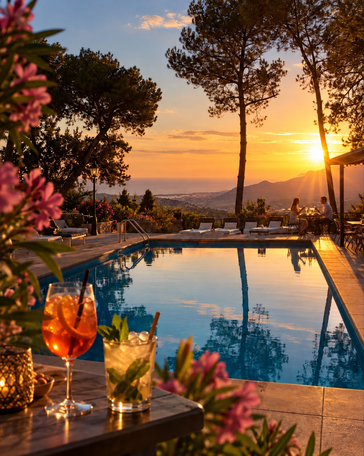 Cócteles junto a la piscina de Pool Bar al atardecer, con vistas al mar y una pareja cenando en la terraza