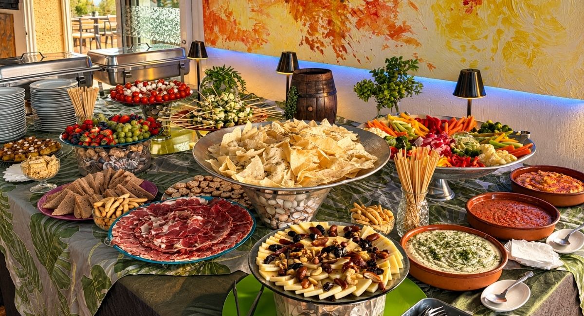 Brunch con platos variados para compartir en la terraza, Pool Bar restaurante en Benidoleig, Marina Alta