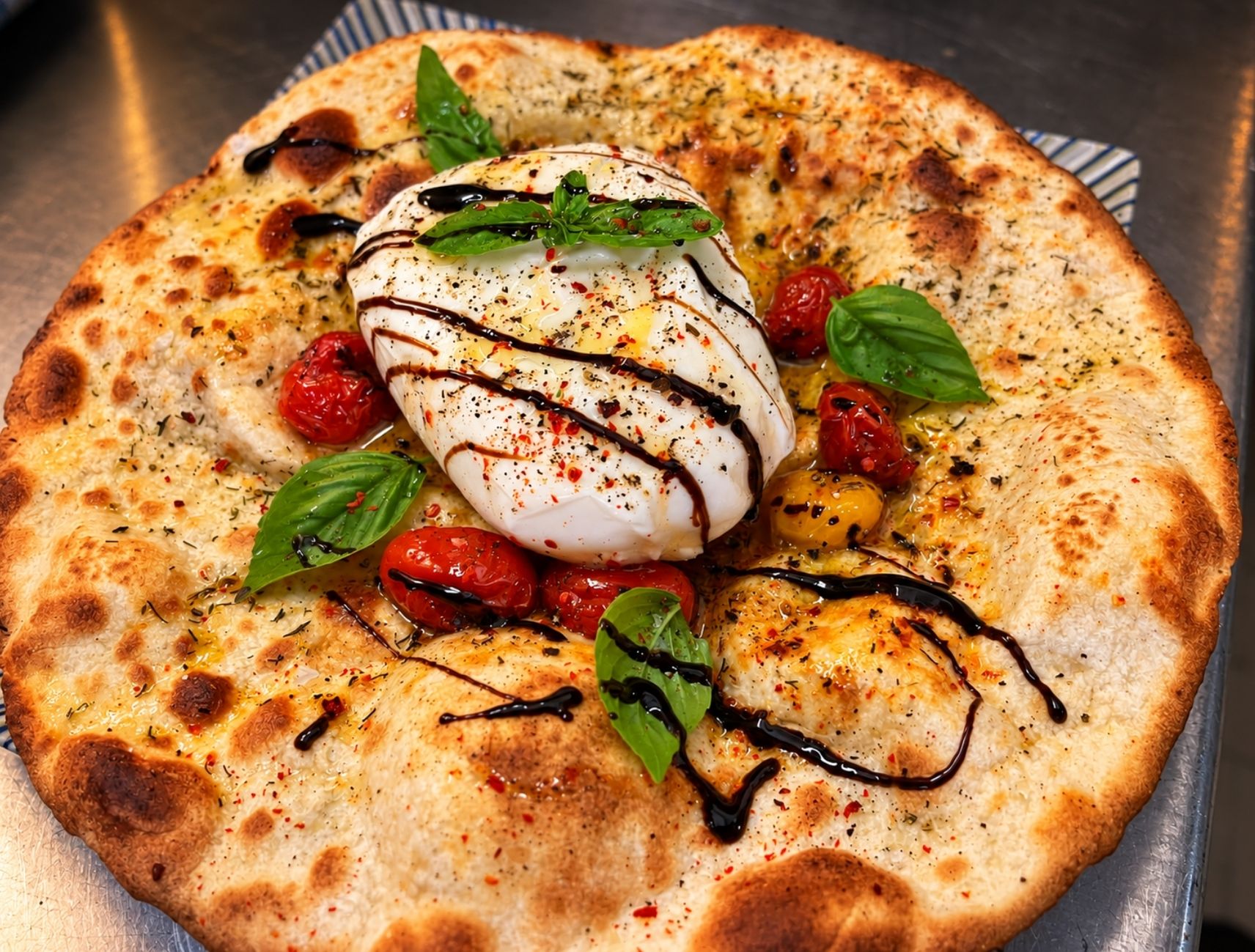 Pizza artesana con burrata, tomate y albahaca, Pool Bar restaurante en Benidoleig, Marina Alta