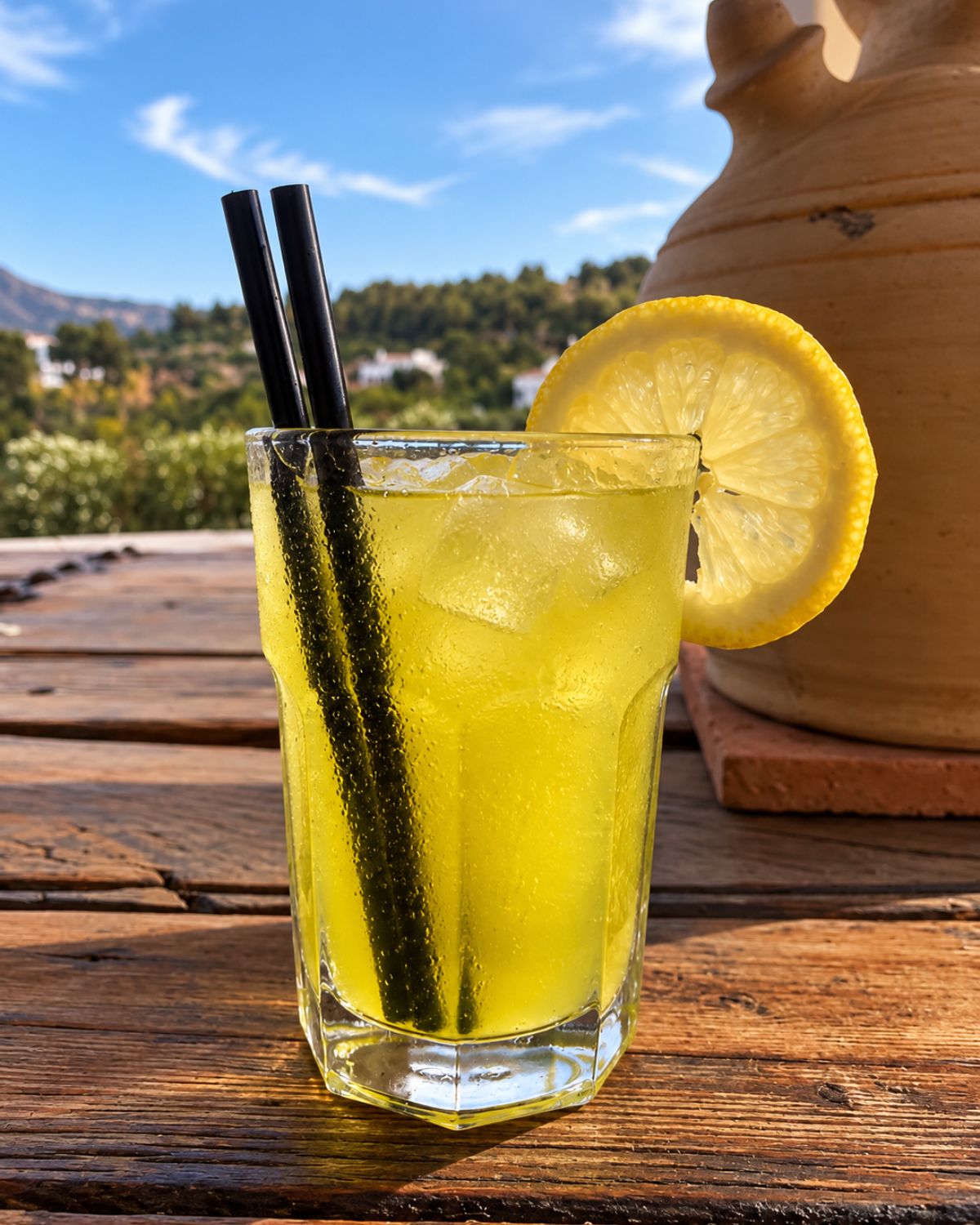 Cóctel sin alcohol con limón en la terraza con vistas, Pool Bar restaurante en Benidoleig, Marina Alta