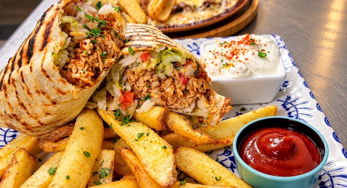 Tacos servidos con patatas y salsa, Pool Bar restaurante en Benidoleig, Marina Alta