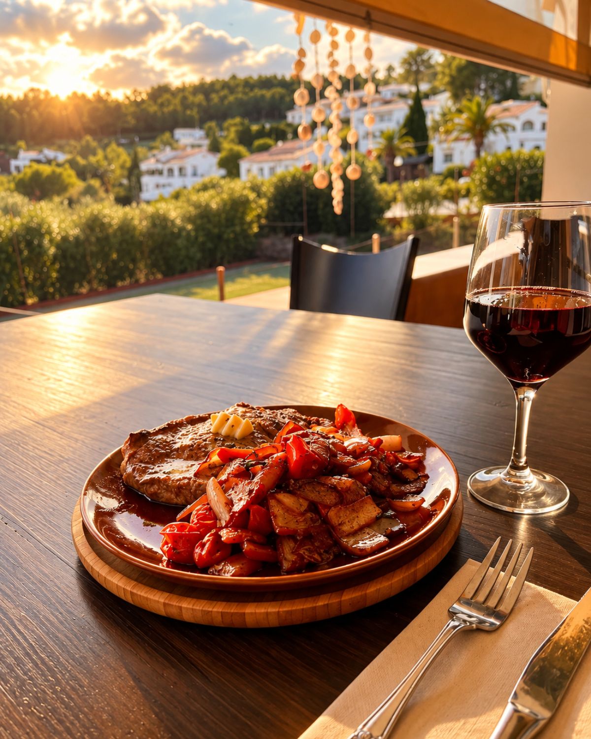 Chuletón a la parrilla con vino en la terraza con vistas a las montañas, Pool Bar restaurante en Benidoleig, Marina Alta