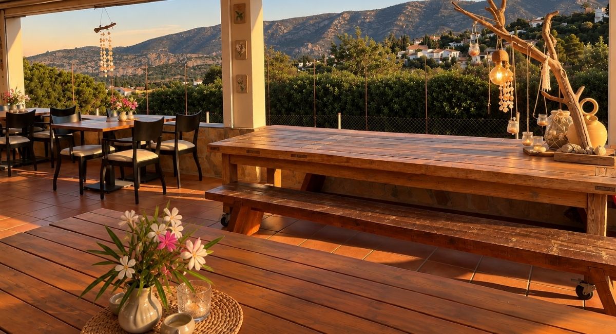Terraza del restaurante con montañas al fondo, Pool Bar restaurante en Benidoleig, Marina Alta