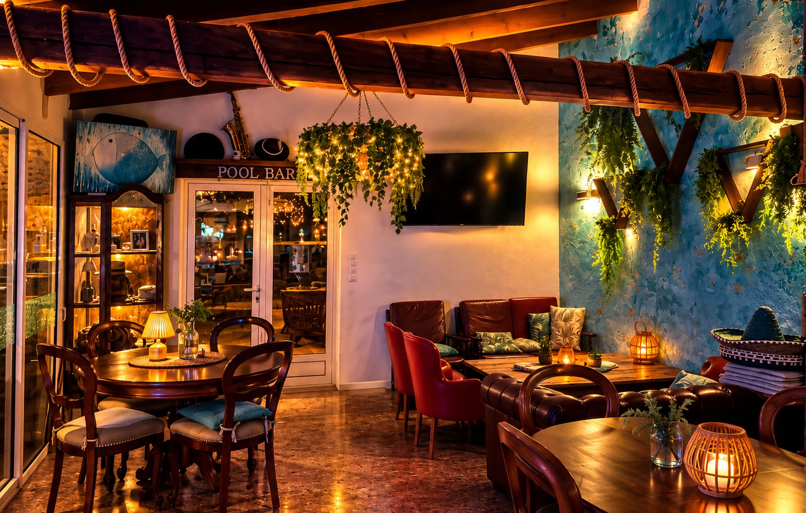 Sala interior de Pool Bar con mesas de madera, sofás de cuero y luz cálida de velas por la noche