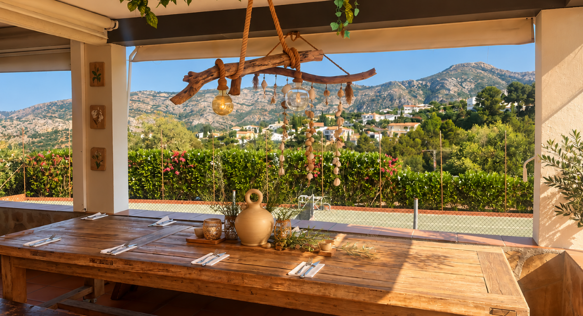 Mesa de madera en la terraza con vistas a las montañas de Benidoleig, Pool Bar